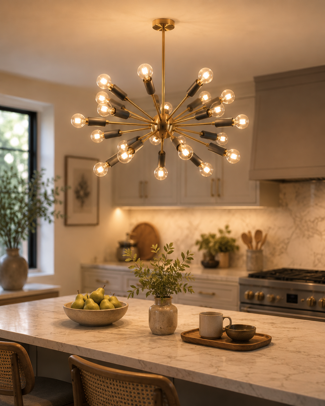 Lucca 24-light brass and black Sputnik chandelier illuminated above a marble kitchen island in a warm contemporary kitchen.
