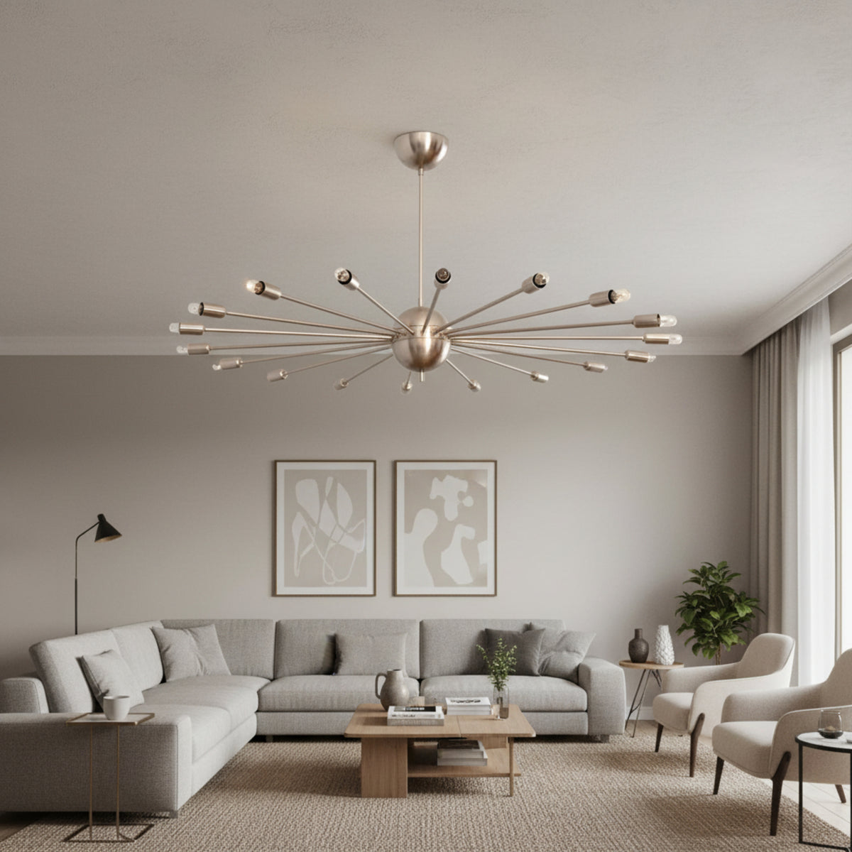 Lucca 18 light Mid-Century Modern Sputnik chandelier shown in a brass-tone finish with slender starburst arms and exposed bulbs.