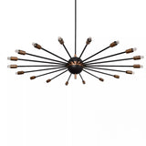 Lucca 18 light black and brass-tone starburst chandelier shown from the front with long radiating arms and exposed bulbs.