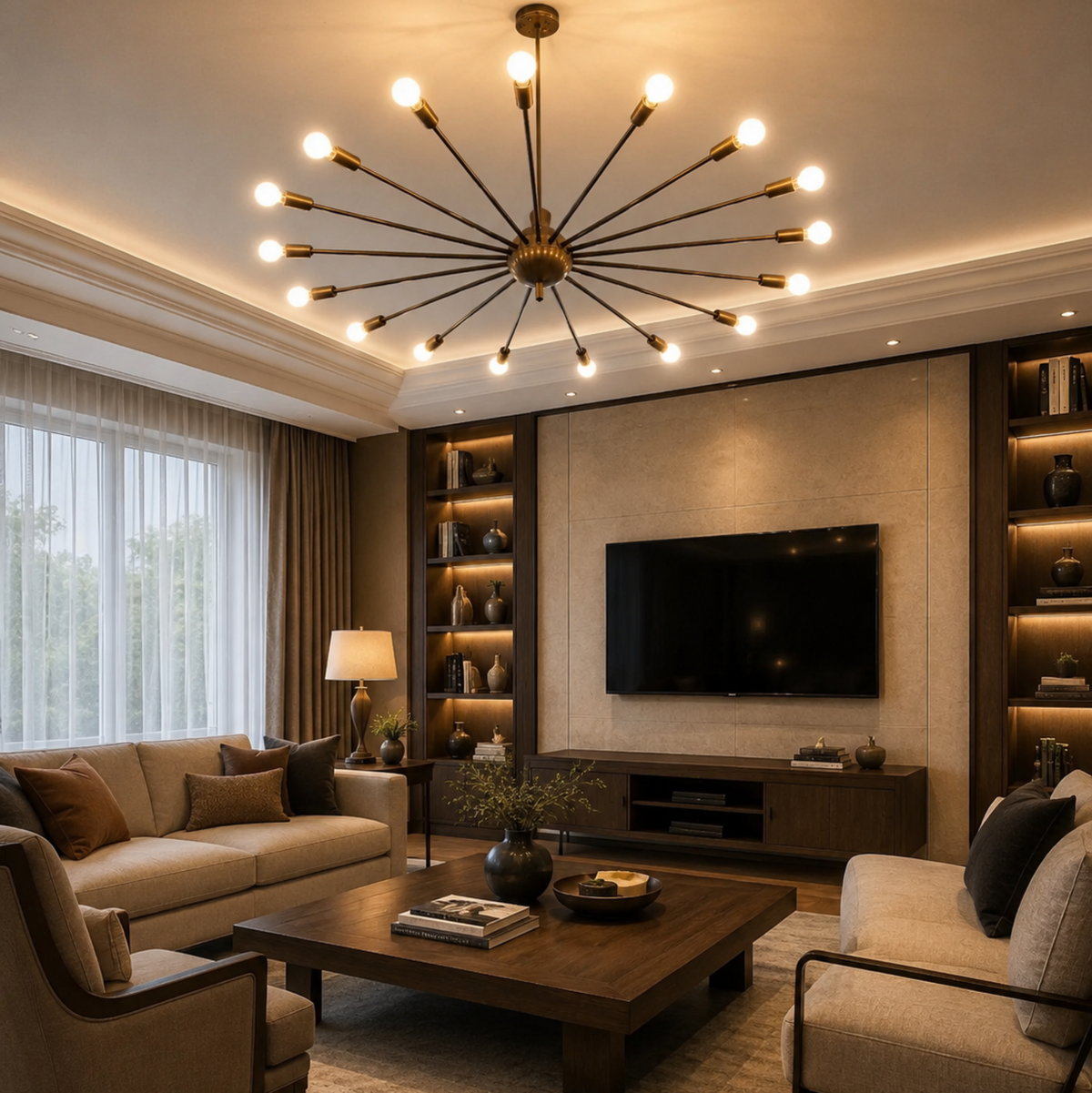 Lucca 18 light Sputnik chandelier displayed in a modern living room with illuminated bulbs and warm ambient lighting.