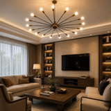 Lucca 18 light Sputnik chandelier displayed in a modern living room with illuminated bulbs and warm ambient lighting.