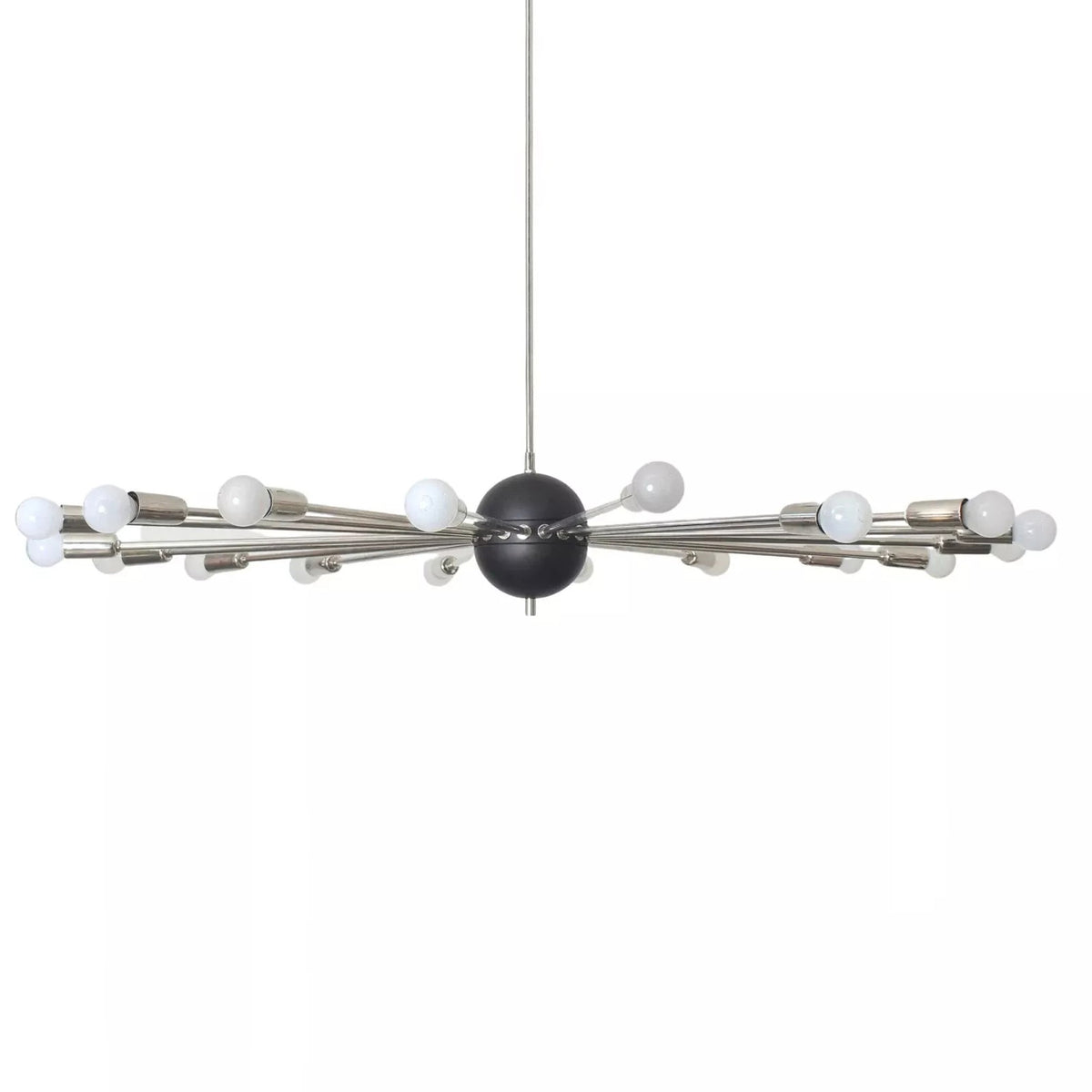 Lucca 18 light Sputnik chandelier shown in a silver-tone finish with exposed globe bulbs and sculptural radial arms.