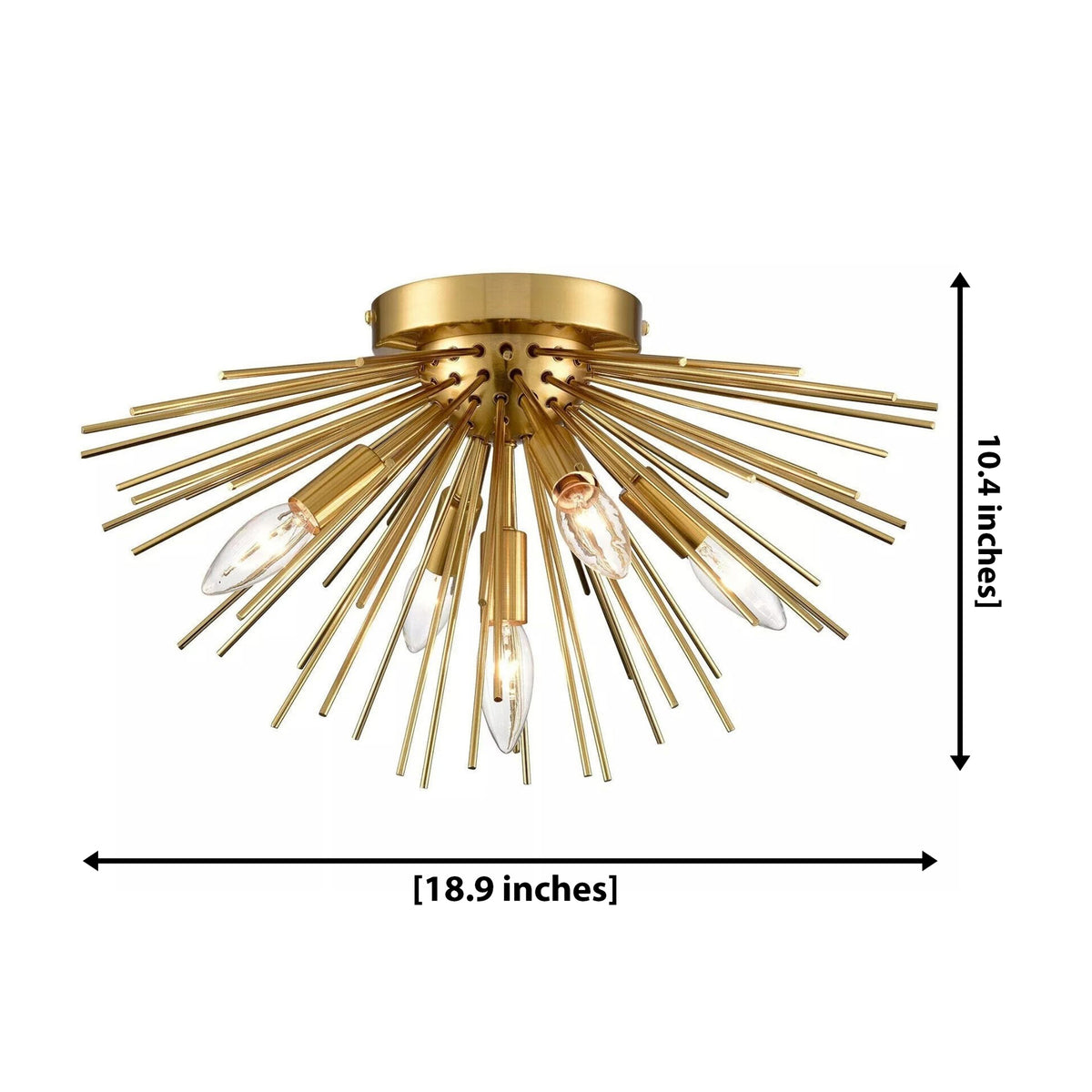 Lucerne 5 light brass starburst flush mount dimension view showing 18.9 inch width and 10.4 inch overall height.