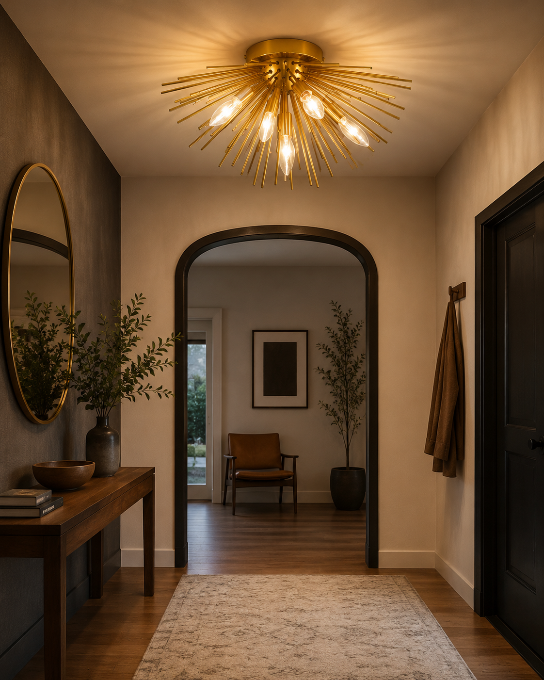 Lucerne 5 light brass starburst flush mount illuminating a sophisticated entryway with warm ambient lighting and modern decor.