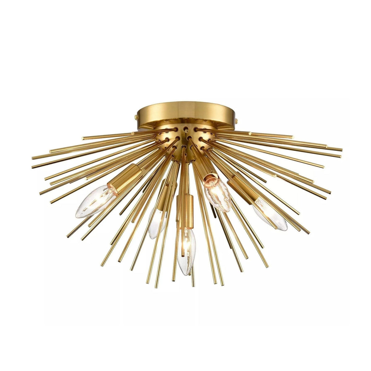 Lucerne 5 light brass starburst flush mount shown from the front with sculptural radiating metal rods and exposed candle bulbs.
