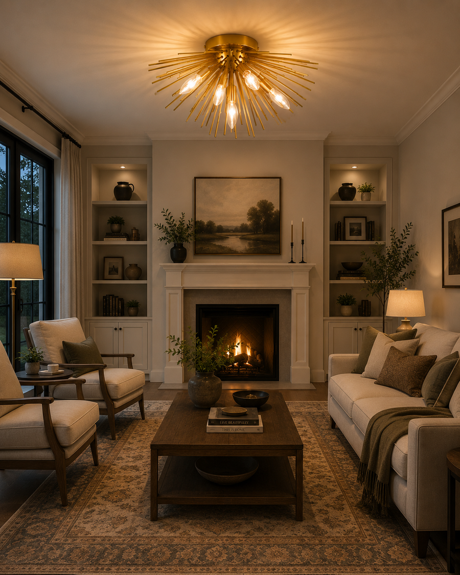 Lucerne 5 light brass starburst flush mount illuminating a warm elegant living room with fireplace and Mid-Century inspired furniture.