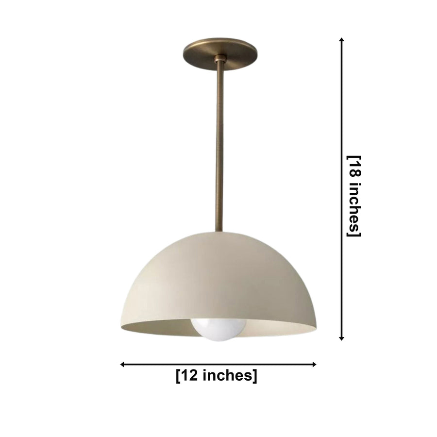 Lucerne 1 light ivory metal dome pendant chandelier illuminated above a round dining table in a modern kitchen dining area.