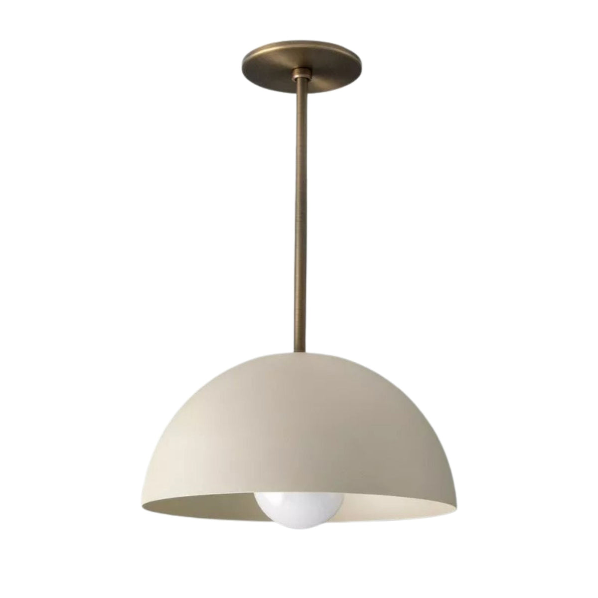 Lucerne 1 light metal dome pendant chandelier shown from the front with an ivory dome shade, exposed globe bulb, and brass-toned rod.