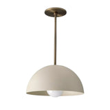 Lucerne 1 light metal dome pendant chandelier shown from the front with an ivory dome shade, exposed globe bulb, and brass-toned rod.
