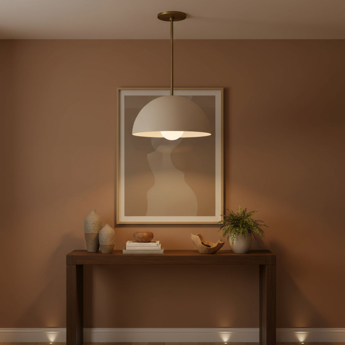 Lucerne 1 light metal dome pendant chandelier shown in a full product view with a curved ivory shade and round brass-toned canopy.