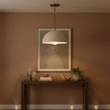 Lucerne 1 light metal dome pendant chandelier shown in a full product view with a curved ivory shade and round brass-toned canopy.
