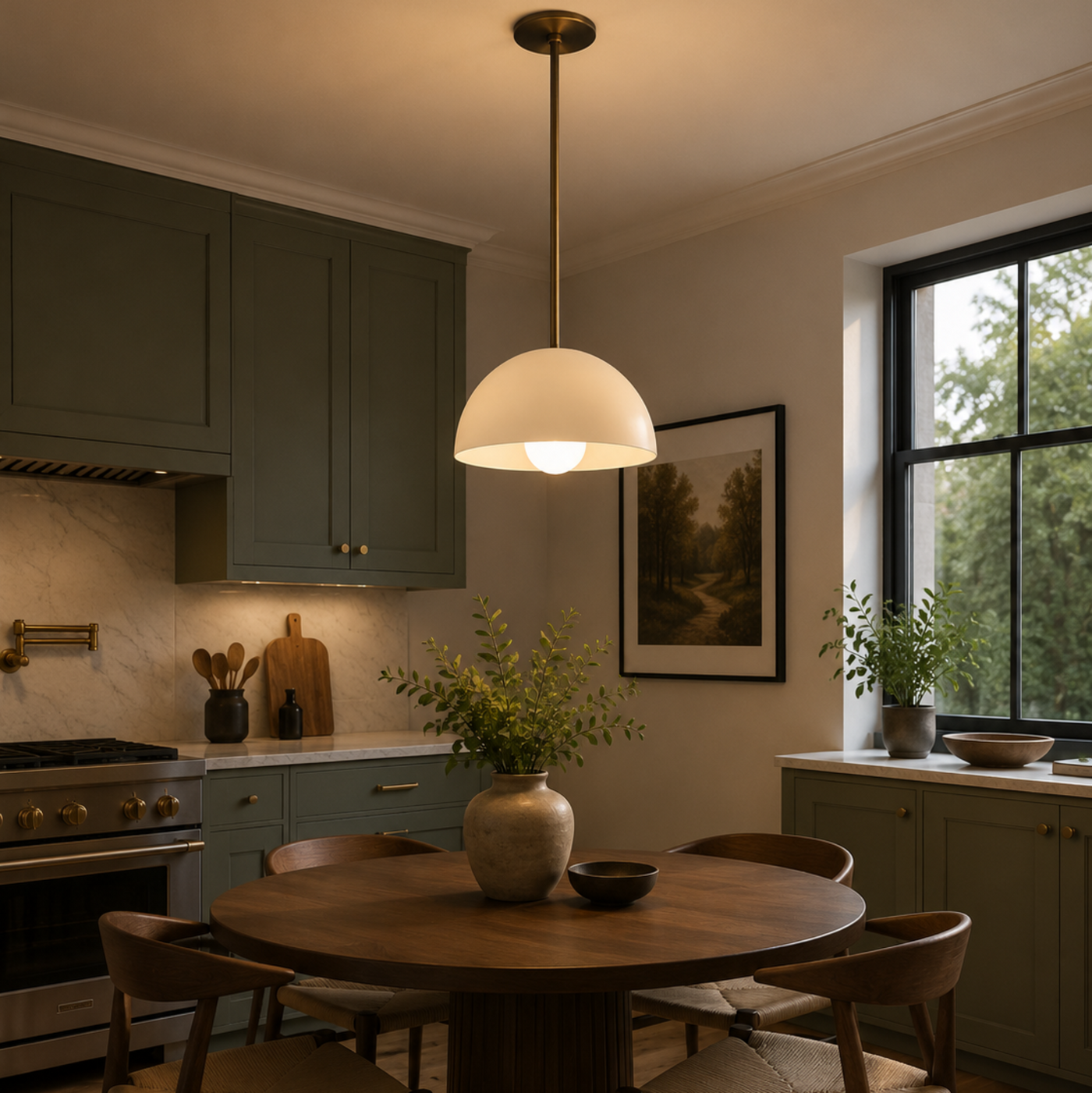 Lucerne 1 light ivory metal dome pendant chandelier illuminated above a round dining table in a modern kitchen dining area.