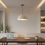 Lucerne 1 light ivory metal dome pendant chandelier shown from a straight view with an exposed globe bulb and slim brass-toned rod.