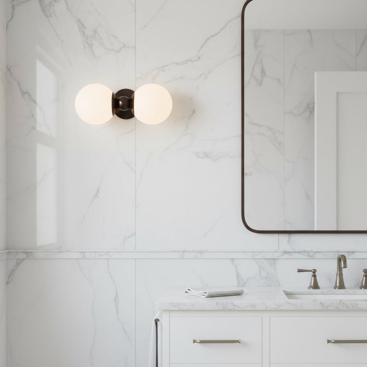 Luna double globe 2 light wall sconce shown in alternate horizontal orientation with opal glass shades – Model 32837