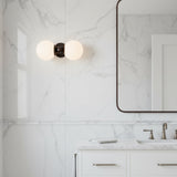 Luna double globe 2 light wall sconce shown in alternate horizontal orientation with opal glass shades – Model 32837