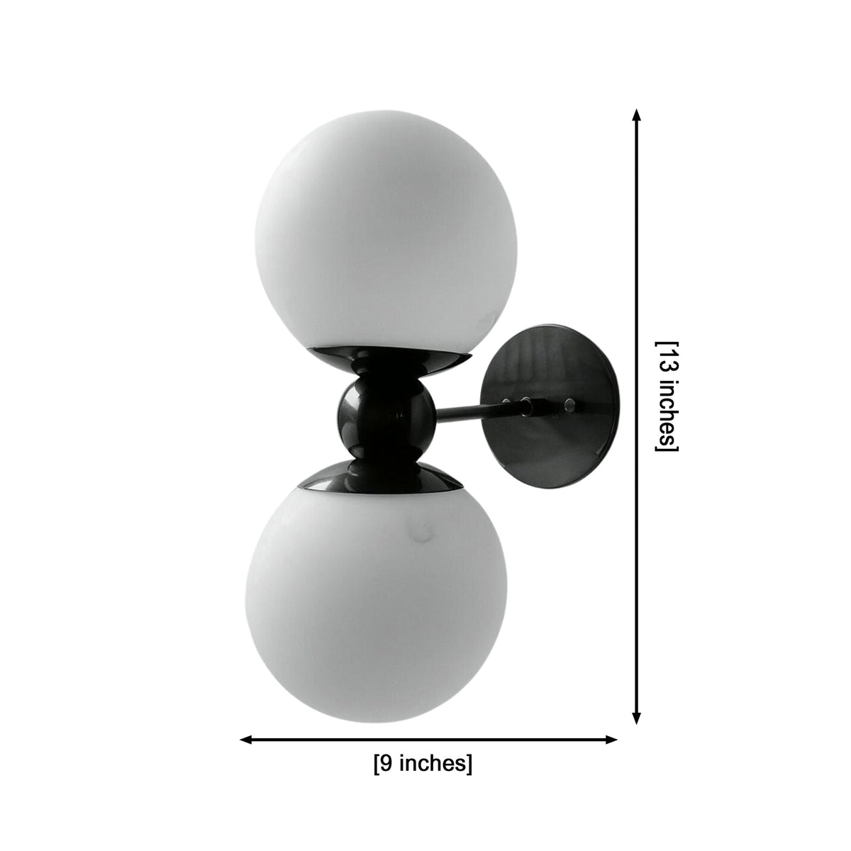 Luna double globe wall sconce dimensions showing 13 inch height and 9 inch width – Model 32837