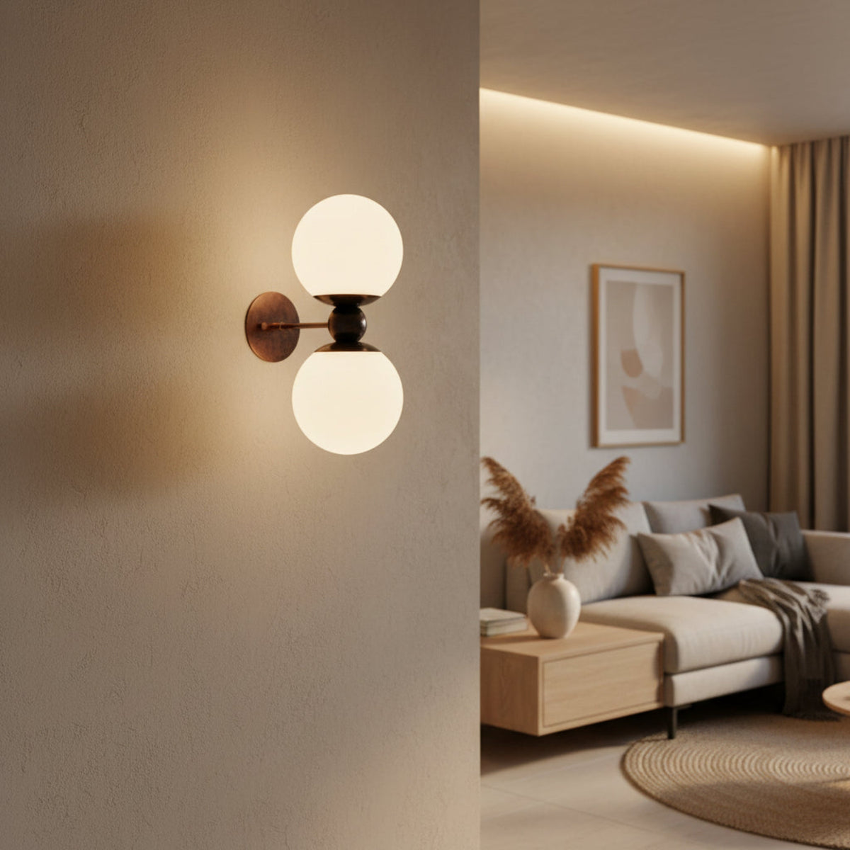 Luna 2 light wall sconce with vertically arranged opal white glass globe shades and dark metal frame – Model 32837
