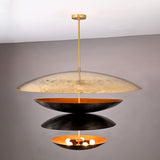 Contemporary chandelier with a layered black and gold dome design, featuring exposed bulbs in the bottom tier and a central brass rod, perfect for modern interior lighting.