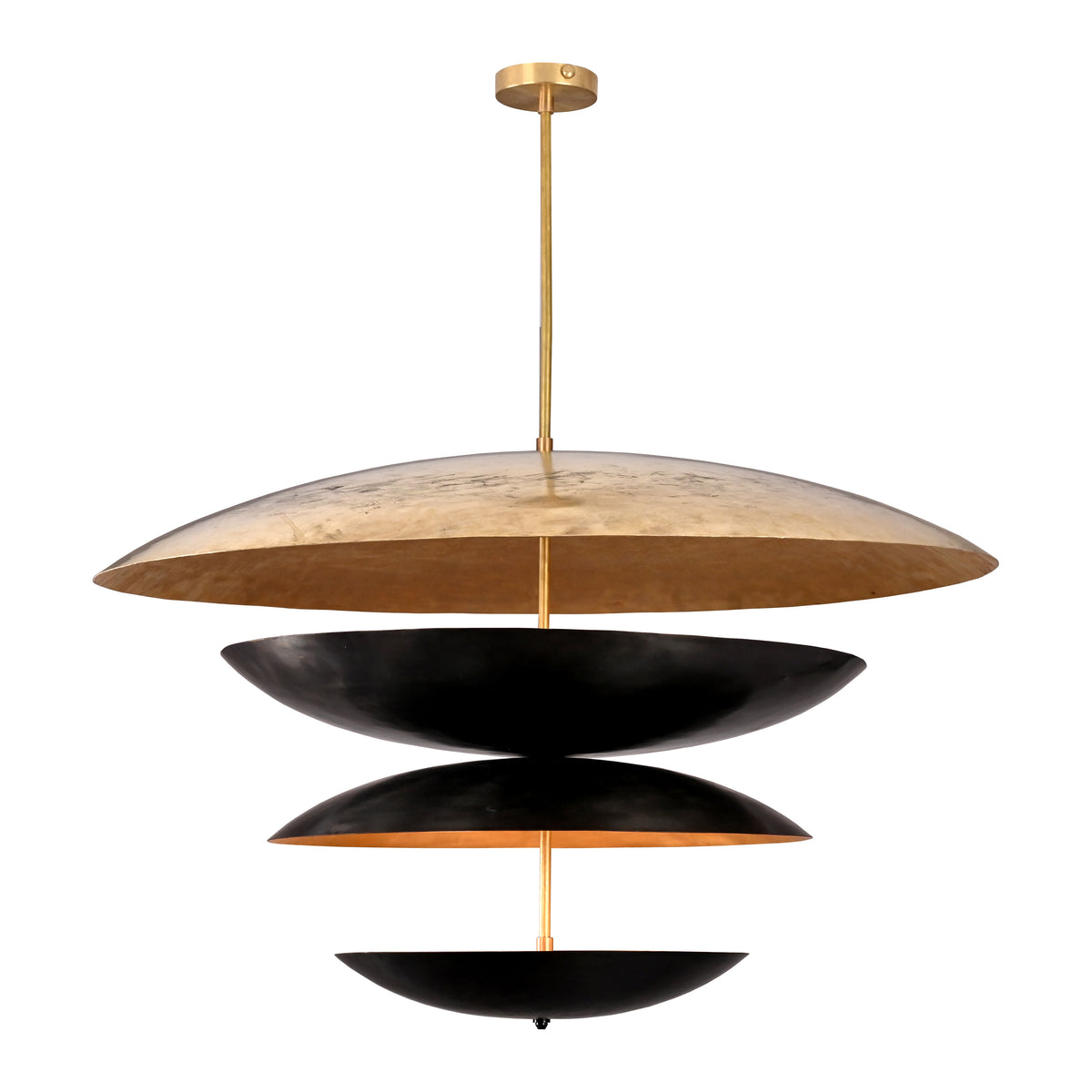 Modern tiered chandelier with a black and gold finish featuring four dome-shaped layers suspended on a central rod, ideal for contemporary interiors.
