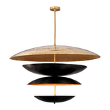 Modern tiered chandelier with a black and gold finish featuring four dome-shaped layers suspended on a central rod, ideal for contemporary interiors.