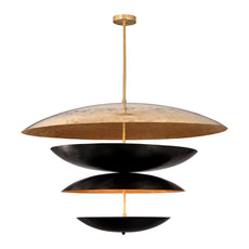 Modern tiered chandelier with a black and gold finish featuring four dome-shaped layers suspended on a central rod, ideal for contemporary interiors.