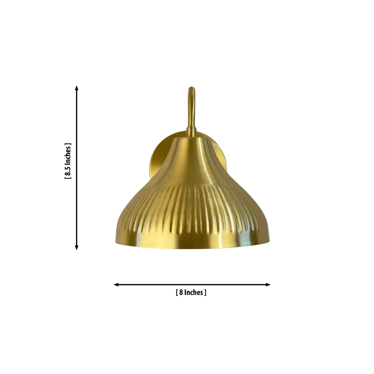 Dimensions of the Luna Fluted Dome Wall Sconce showing an 8-inch shade diameter and 8.5-inch overall height with a handcrafted fluted metal shade.