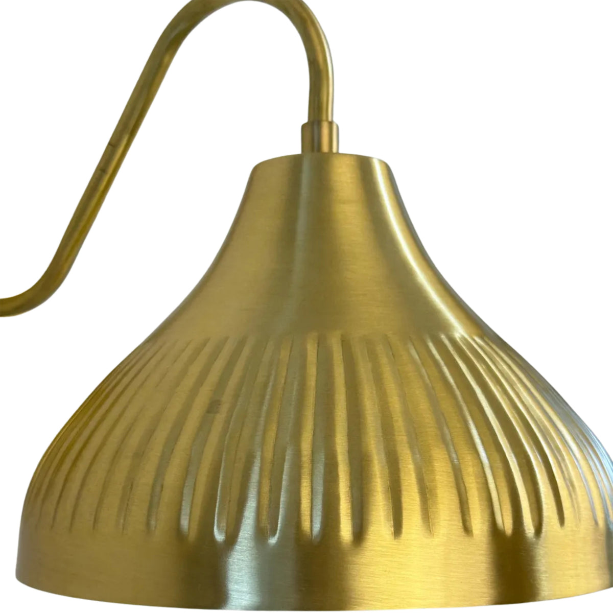 Close-up detail of the handcrafted fluted dome metal shade on the Luna Wall Sconce, highlighting its brushed brass finish and artisan craftsmanship.