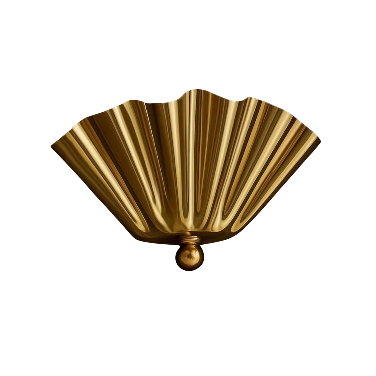 Front view of the Luna Fluted Scalloped Flush Mount Ceiling Light in a polished brass finish featuring a handcrafted fluted scalloped metal shade.