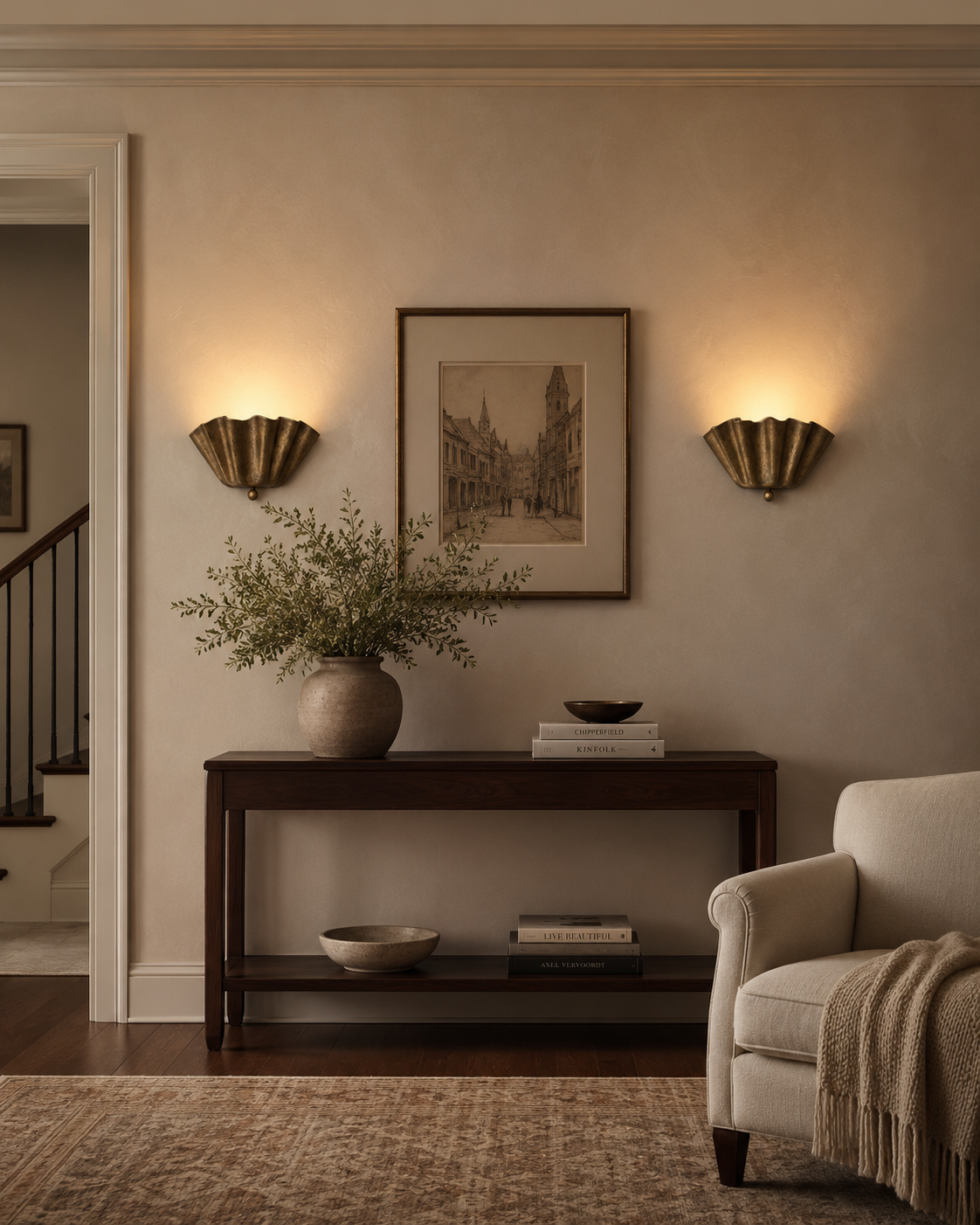 Pair of Luna Fluted Scalloped Flush Mount Ceiling Lights installed in a contemporary living room, providing warm ambient illumination with elegant handcrafted metal shades.
