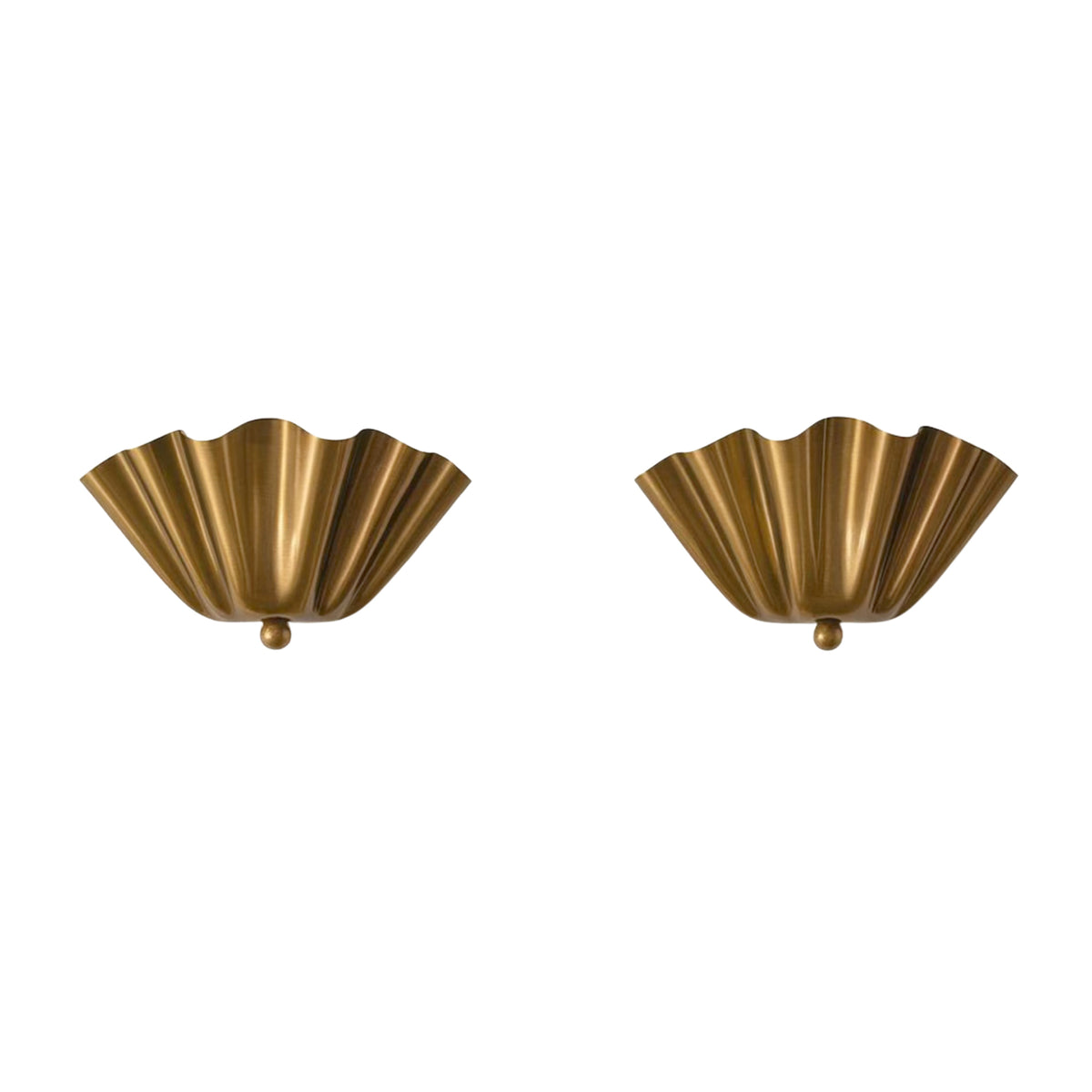 Set of two Luna Fluted Scalloped Flush Mount Ceiling Lights featuring handcrafted fluted metal shades with elegant scalloped edges and decorative finial accents.
