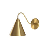 Angled view of the Luna Modern Brass Cone Wall Sconce showcasing its handcrafted tapered cone shade, graceful curved arm, and round wall backplate in a brushed brass finish.