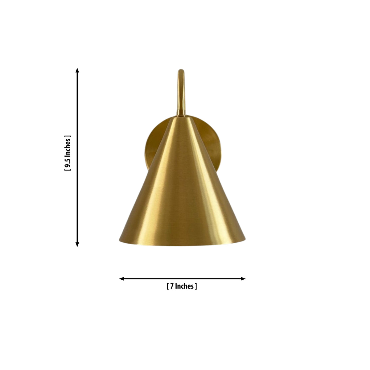 Front view of the Luna Modern Brass Cone Wall Sconce featuring a tapered cone shade with overall dimensions of 9.5 inches in height and 7 inches in width.