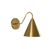 Side perspective of the Luna Modern Brass Cone Wall Sconce highlighting the elegant curved arm, tapered cone shade, and minimalist silhouette for modern interiors.