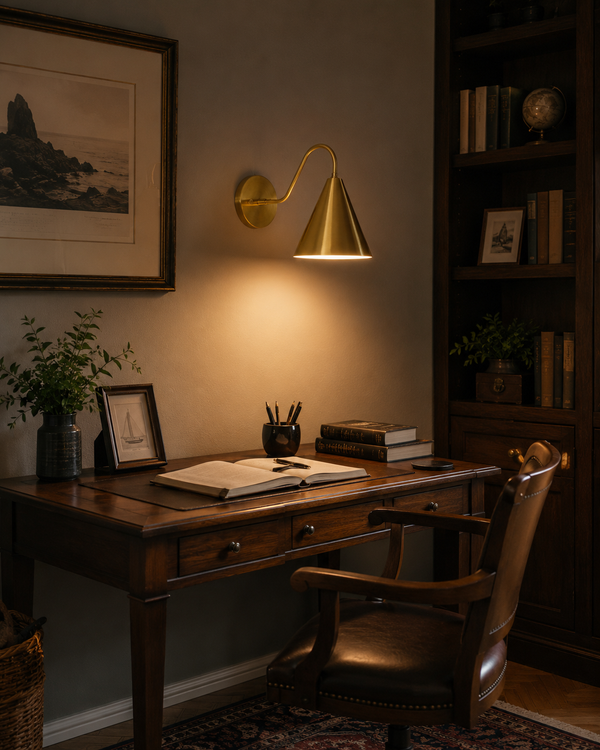 Luna Modern Brass Cone Wall Sconce installed above a wooden desk in a modern home office, providing warm focused task lighting with a refined contemporary aesthetic.