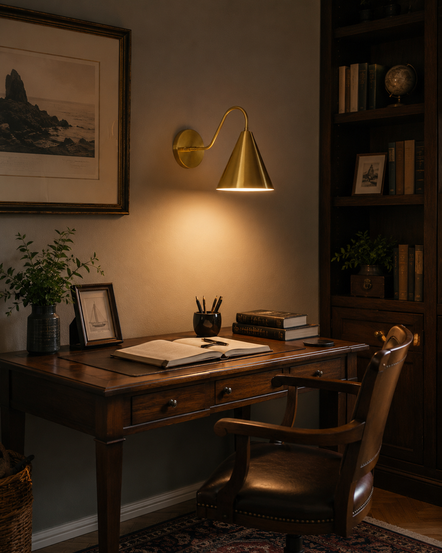 Luna Modern Brass Cone Wall Sconce installed above a wooden desk in a modern home office, providing warm focused task lighting with a refined contemporary aesthetic.