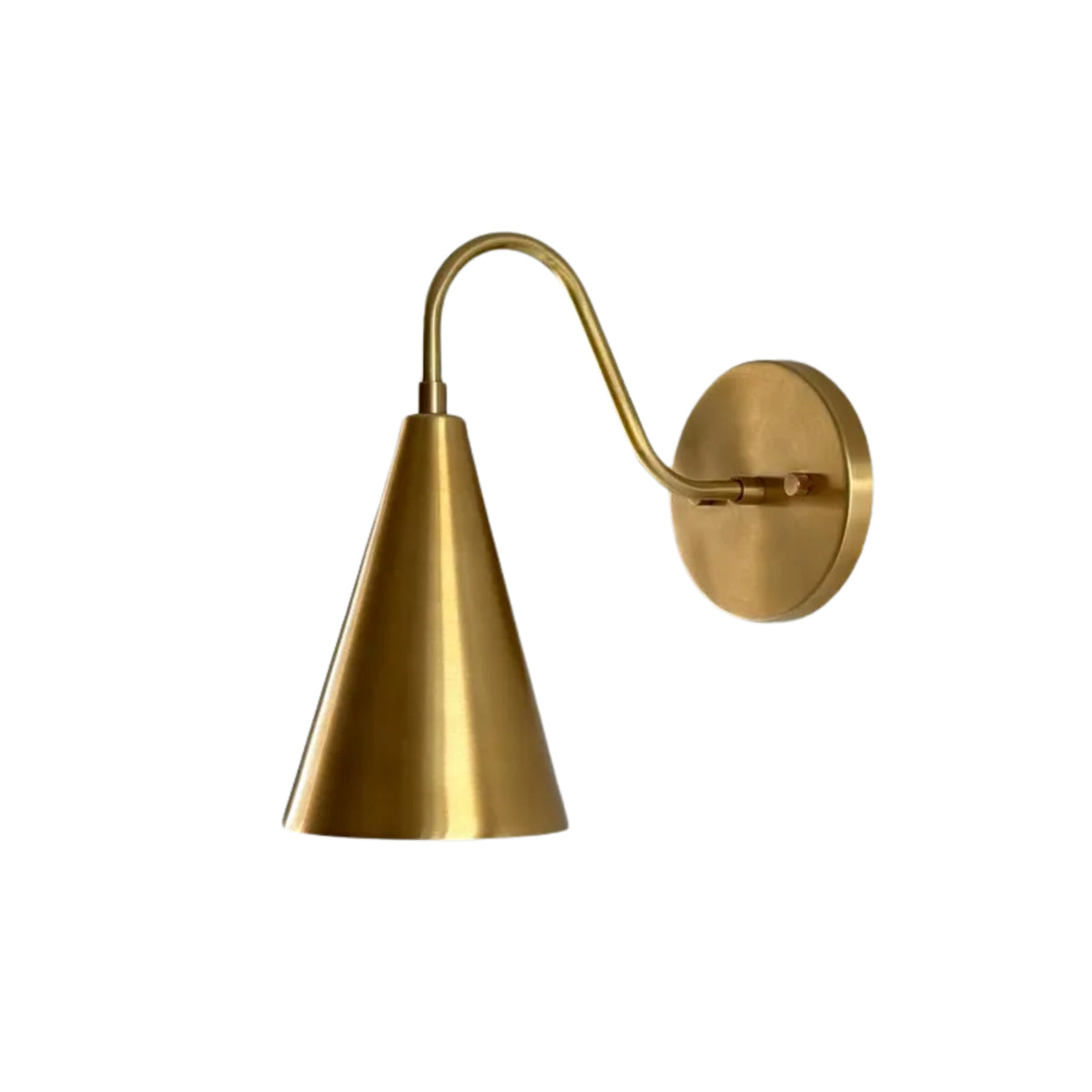Front view of the Luna Modern Curved Cone Wall Sconce featuring a handcrafted tapered cone metal shade, gracefully curved wall arm, and round wall backplate in a warm brass finish.