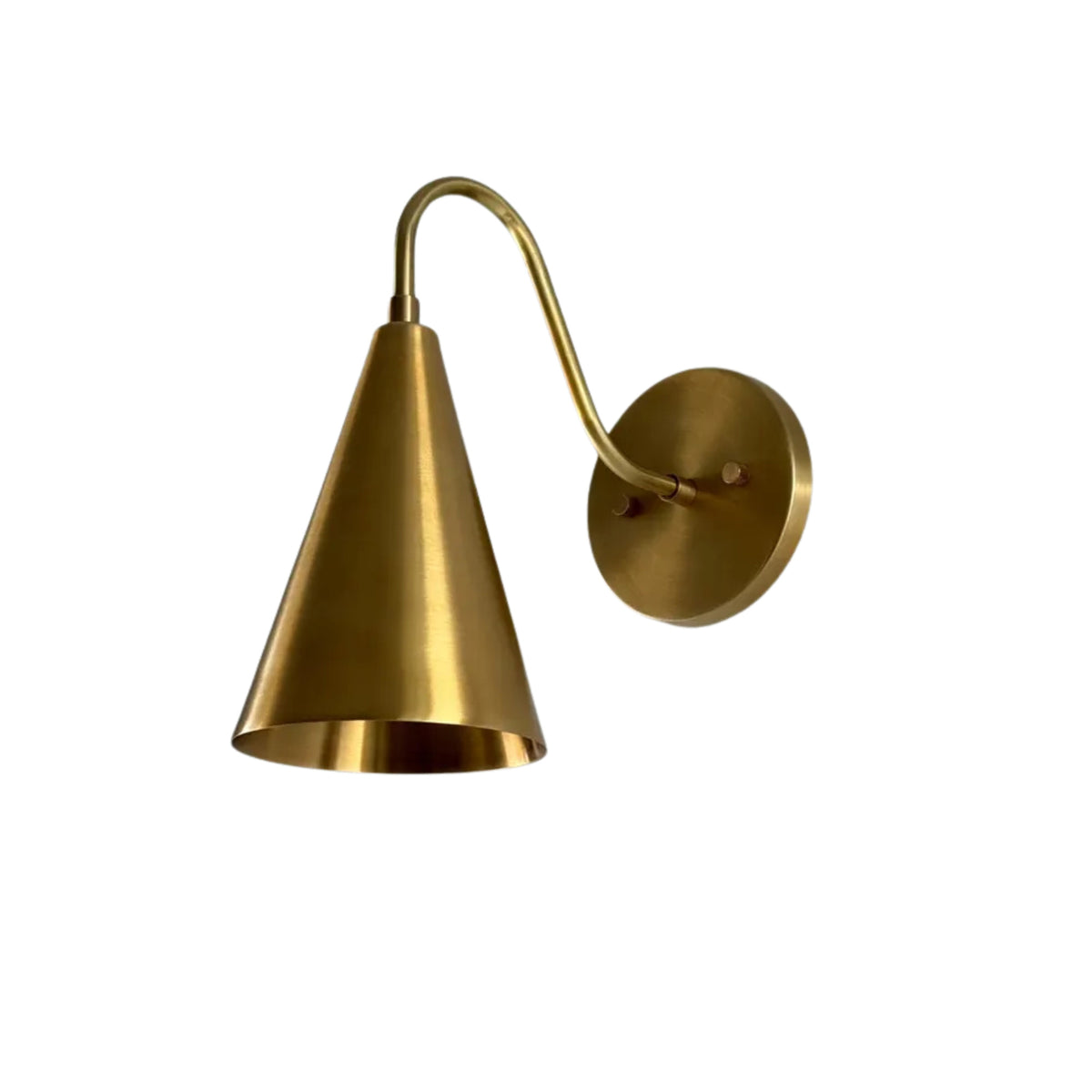 Perspective view of the Luna Modern Curved Cone Wall Sconce highlighting its clean sculptural silhouette, handcrafted cone shade, and gently arched wall arm.
