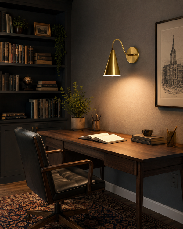Luna Modern Curved Cone Wall Sconce installed above a wooden desk in a contemporary home office, providing warm focused illumination while complementing modern, Scandinavian, and mid-century interiors.