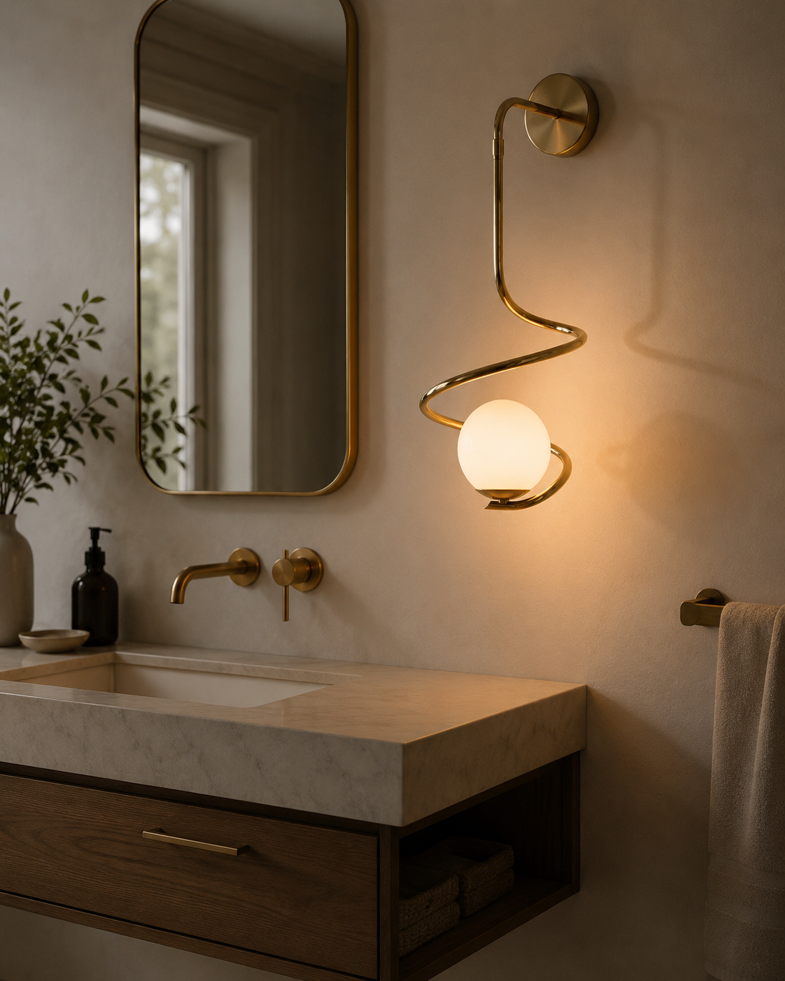 Luna Modern Spiral Globe Wall Sconce installed beside a modern bathroom vanity, providing warm ambient lighting with a sculptural spiral brass design.