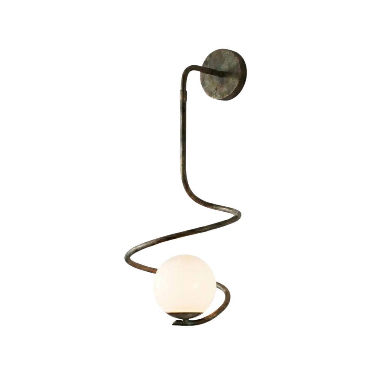 Luna Modern Spiral Globe Wall Sconce in brass patina finish showcasing an artistic spiral design with a glowing frosted glass globe.