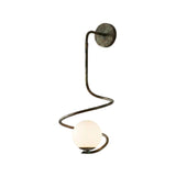 Luna Modern Spiral Globe Wall Sconce in brass patina finish showcasing an artistic spiral design with a glowing frosted glass globe.