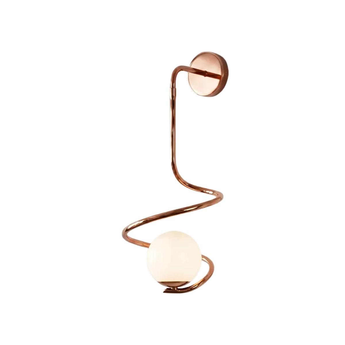 Luna Modern Spiral Globe Wall Sconce in polished copper finish with a sculptural spiral arm and illuminated frosted opal globe.