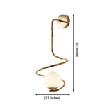Luna Modern Spiral Globe Wall Sconce with sculptural brass spiral frame, frosted opal glass globe, and 23-inch dimension illustration.