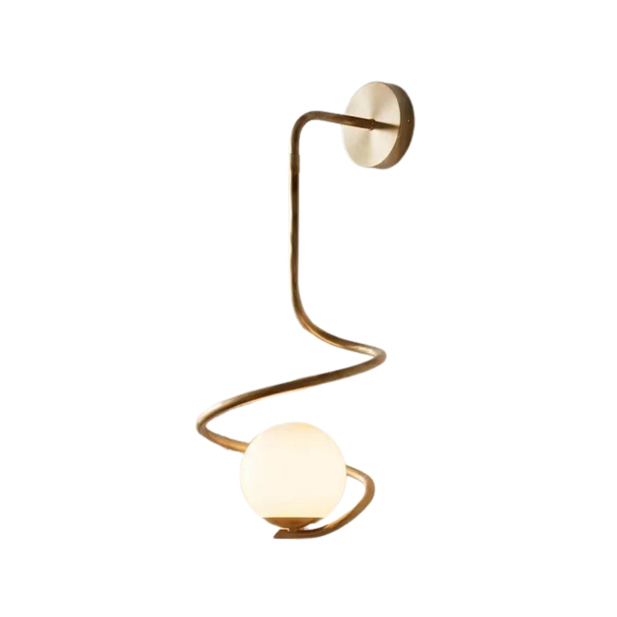 Front view of the Luna Modern Spiral Globe Wall Sconce featuring a handcrafted spiral brass frame with a frosted opal glass globe.