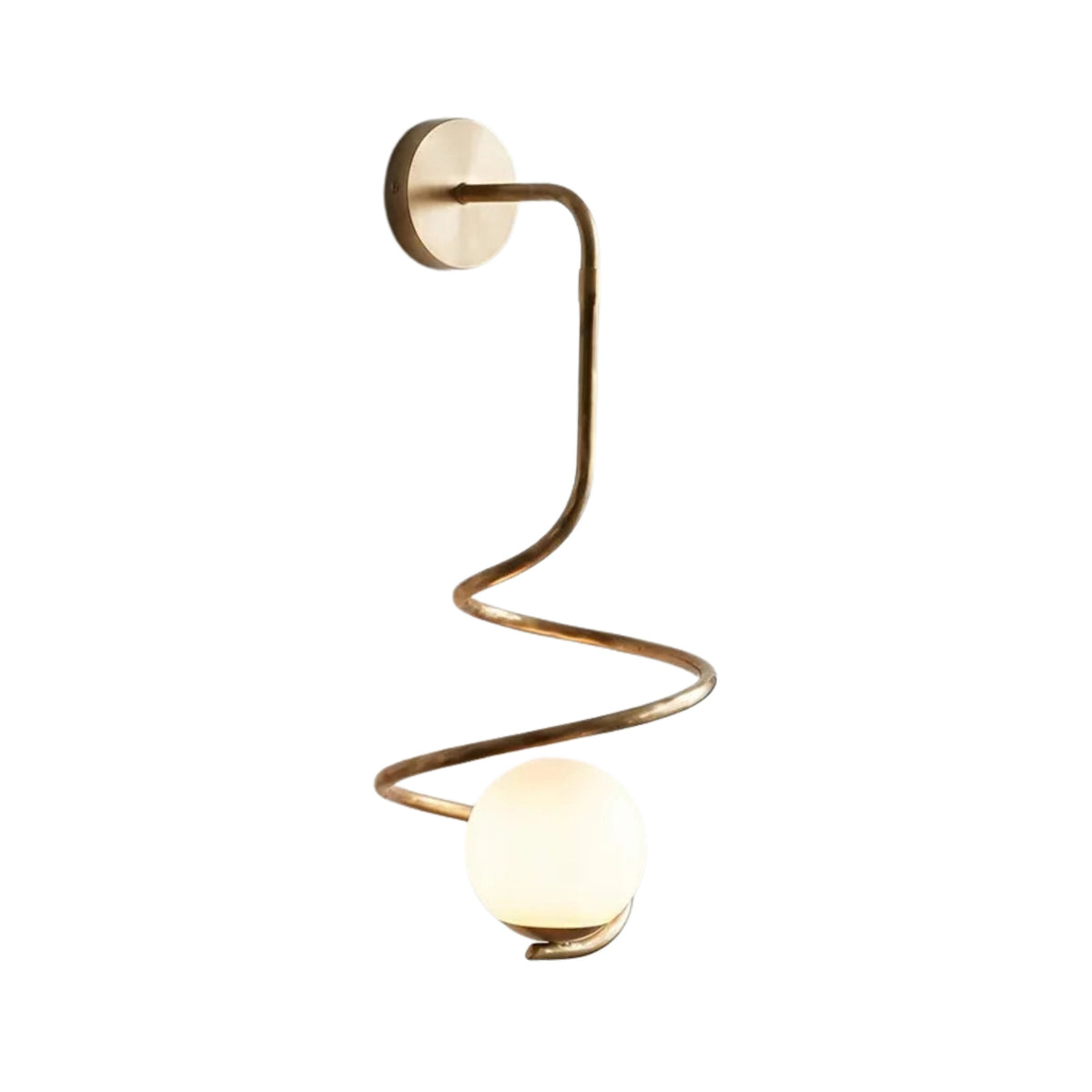 Luna Modern Spiral Globe Wall Sconce in satin brass finish featuring a flowing spiral silhouette and softly illuminated opal glass globe.