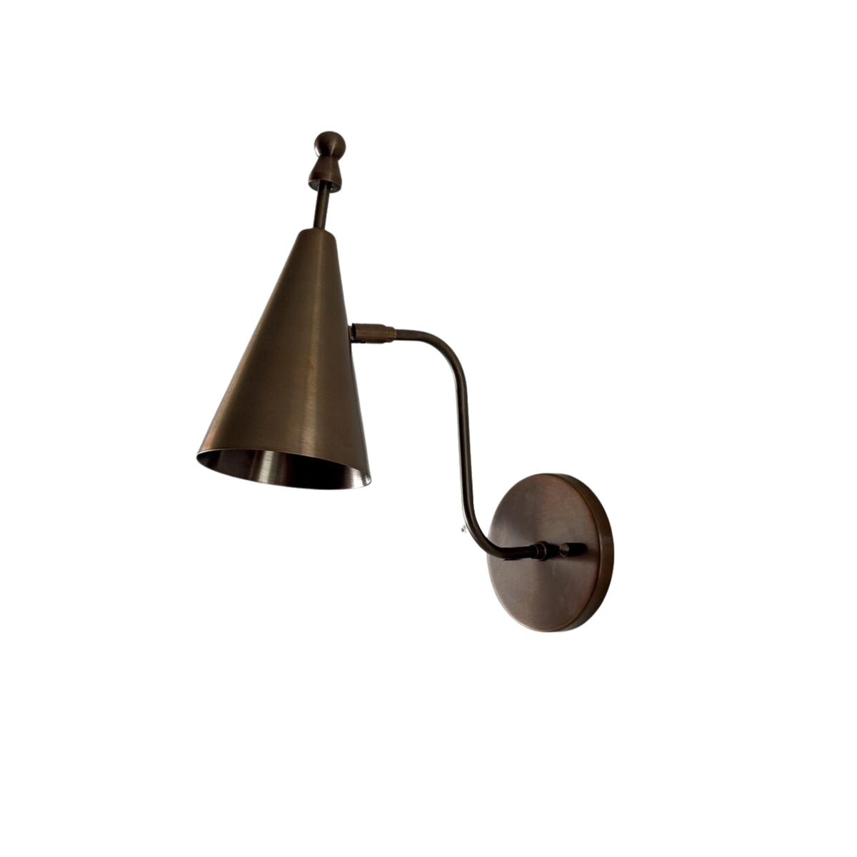 Front view of the Luna Modern Tapered Cone Wall Sconce featuring a handcrafted cone-shaped metal shade, curved wall arm, decorative finial, and round backplate in an antique bronze finish.