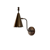 Product view of the Luna Modern Tapered Cone Wall Sconce featuring a handcrafted tapered cone shade, elegant curved arm, decorative finial, and round wall backplate.