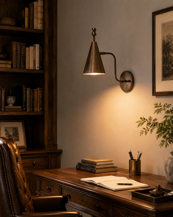 Luna Modern Tapered Cone Wall Sconce installed above a wooden desk in a cozy home office, providing warm focused illumination while complementing classic and modern interiors.