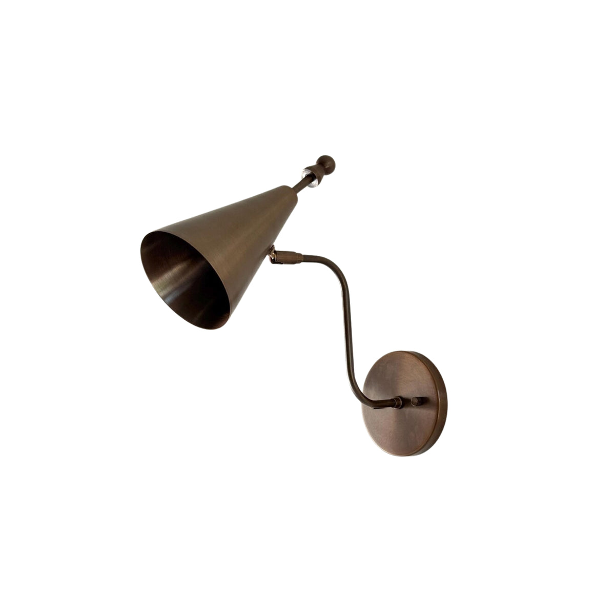 Upward angle view of the Luna Modern Tapered Cone Wall Sconce emphasizing the wide cone opening, decorative finial, curved wall arm, and handcrafted metal construction.