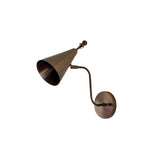 Upward angle view of the Luna Modern Tapered Cone Wall Sconce emphasizing the wide cone opening, decorative finial, curved wall arm, and handcrafted metal construction.